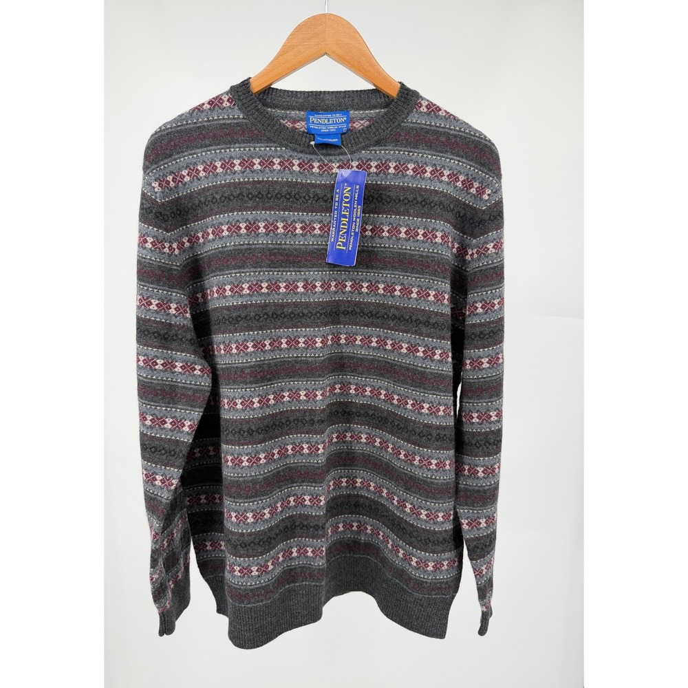 Pendleton Sweater Mens LG Gray Burgundy Fair Isle Merino Wool BF683-63286 NWT